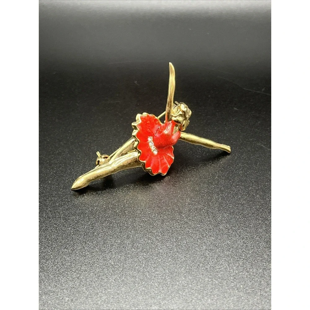 Ballerina‎ Pin Brooch Gold-Tone & Red w/ Rhinestone 2
